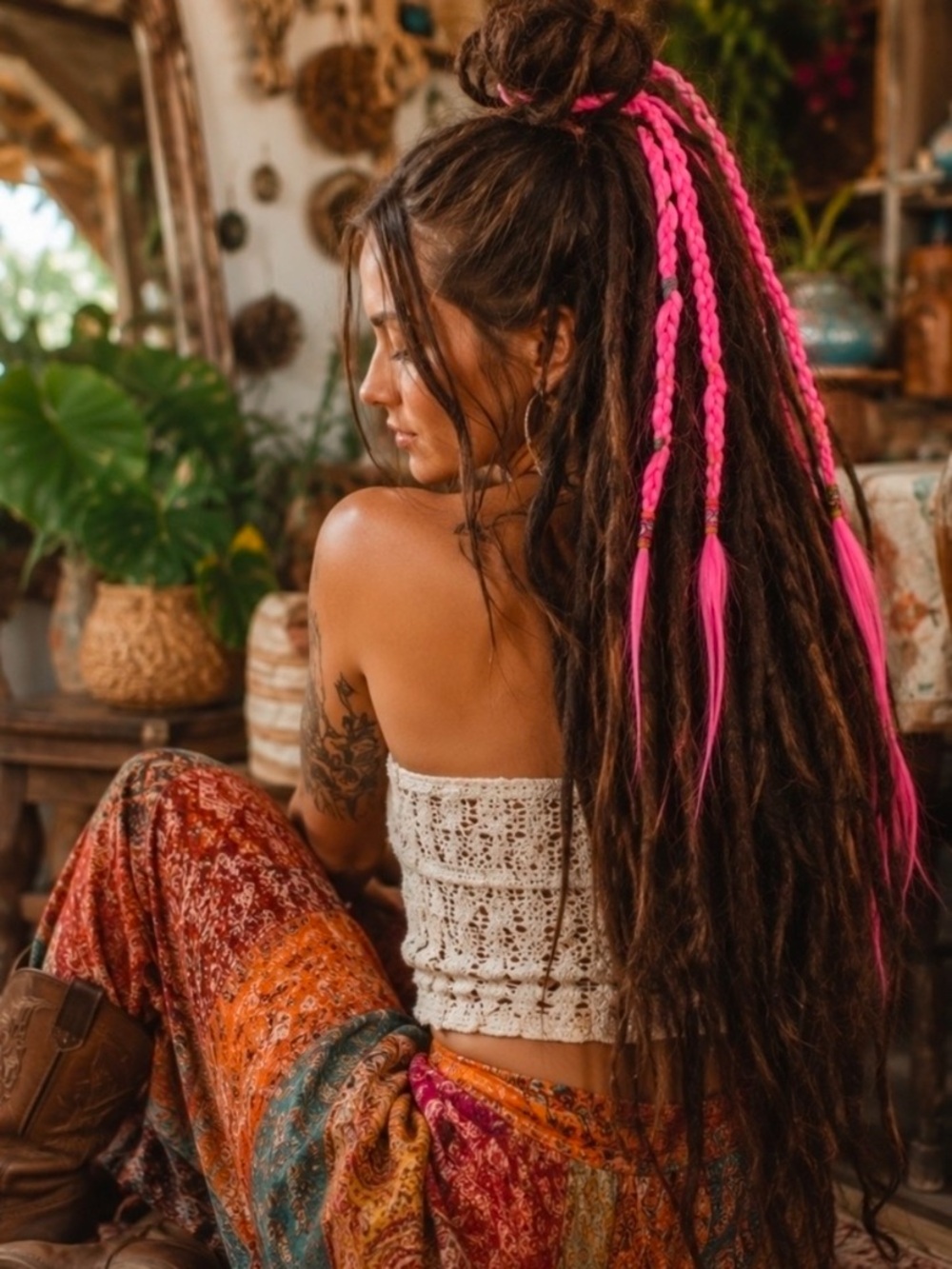 2 neon pink 26’’ ponytail extension boho braids with 6 braids on each